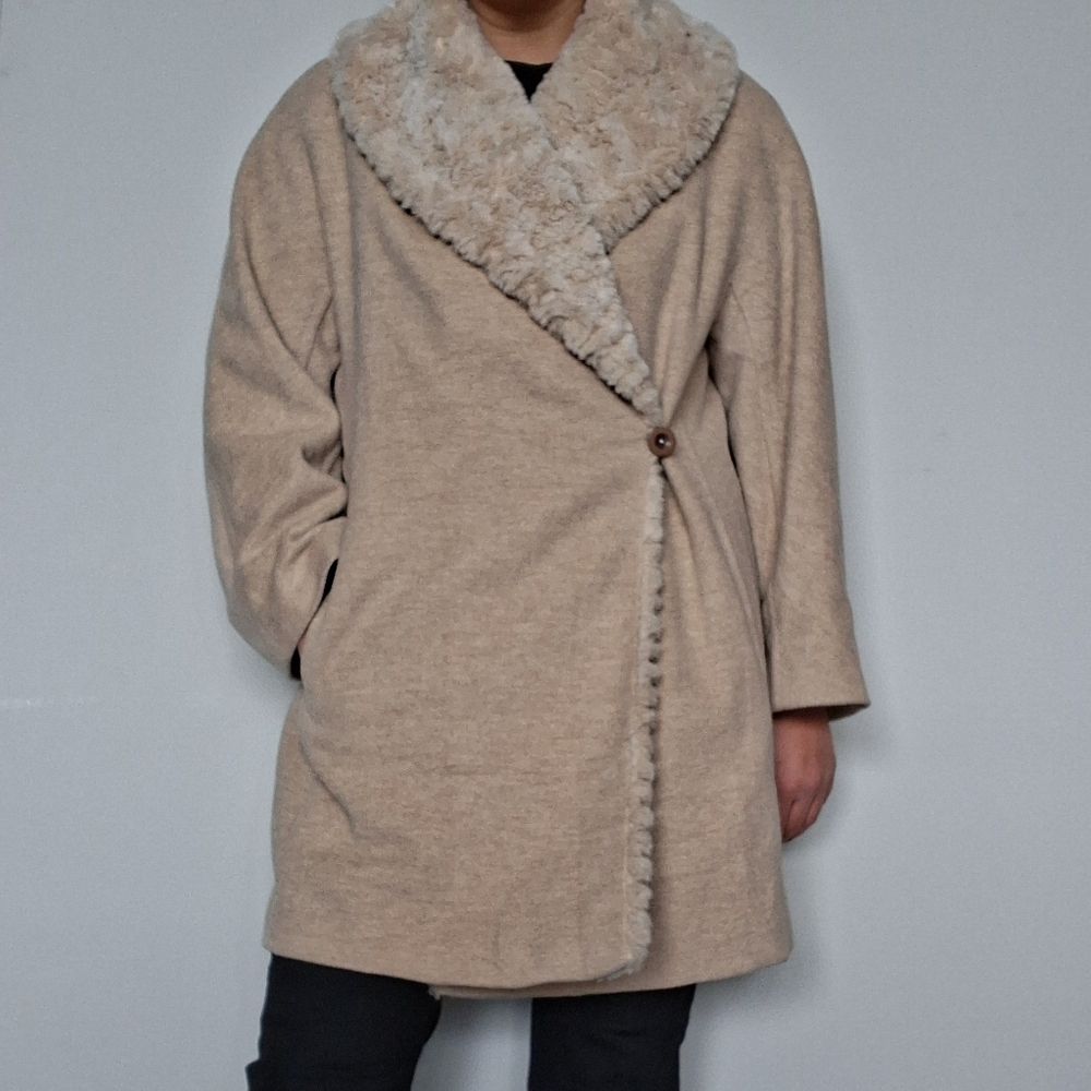 Windsmoor Beige Wool Angora Faux Fur Wrap Coat 16 Fits 12-16 L-Xl